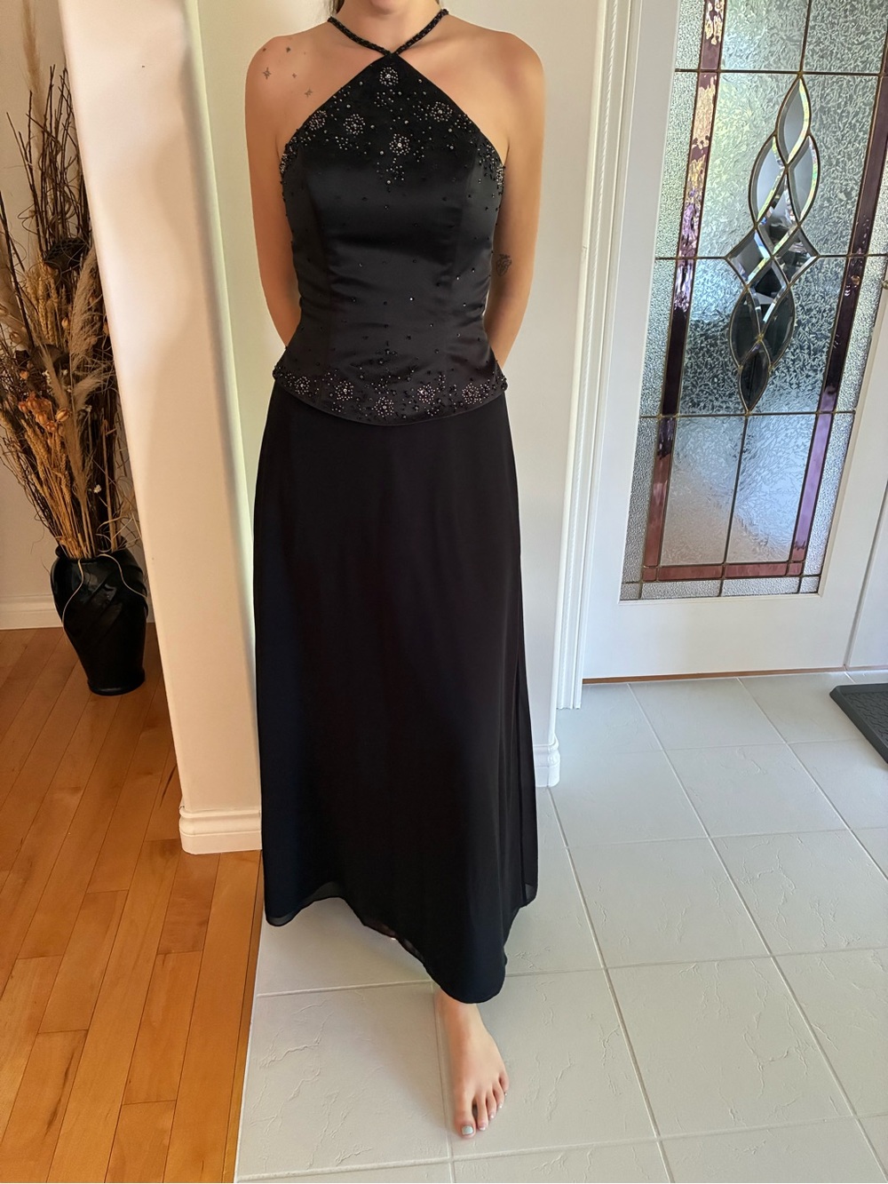 Black Beaded Satin Long Slip Dress with Spaghetti Straps